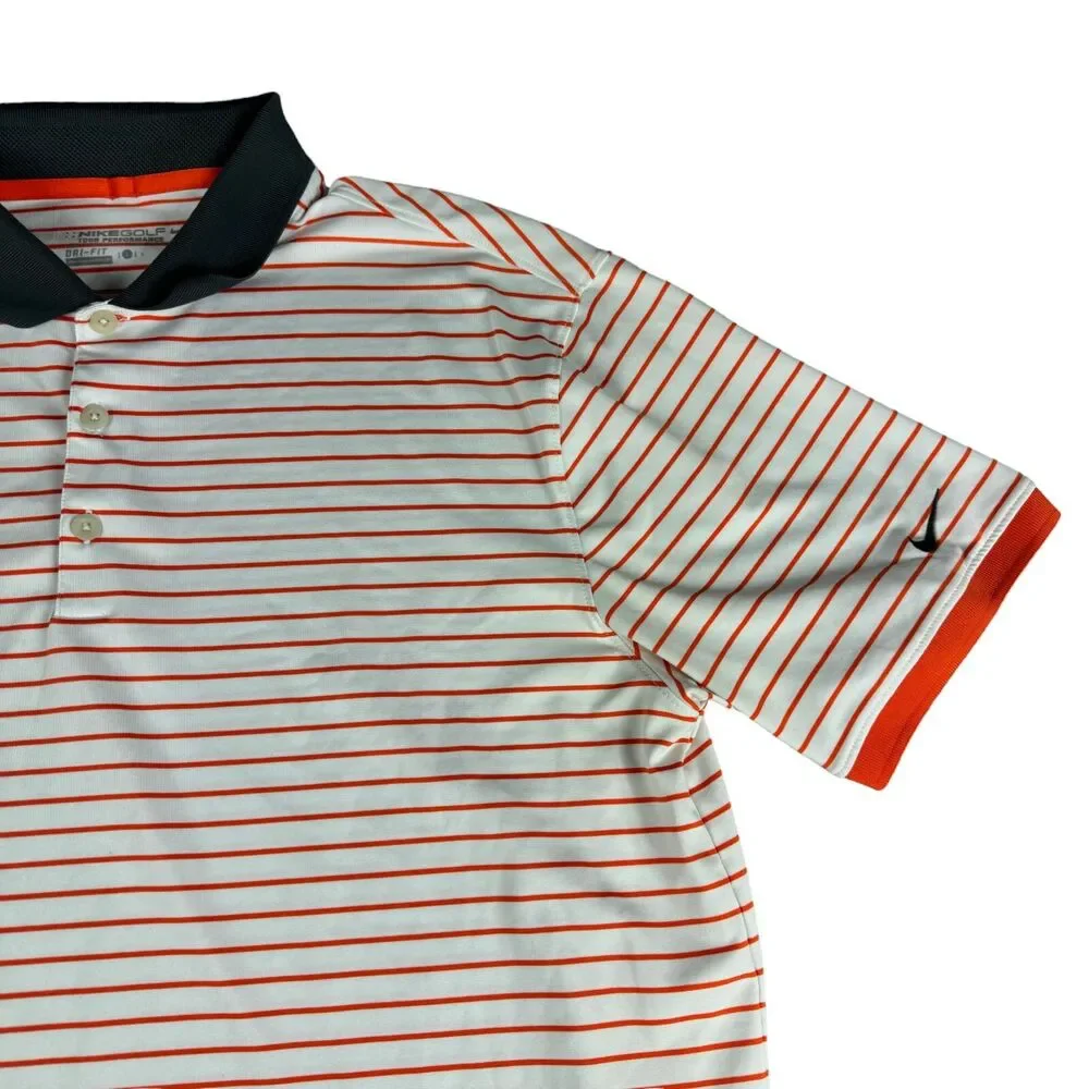 NIKE Golf Polo Shirt Mens Large White Orange Striped Short Sleeve Preppy Sporty